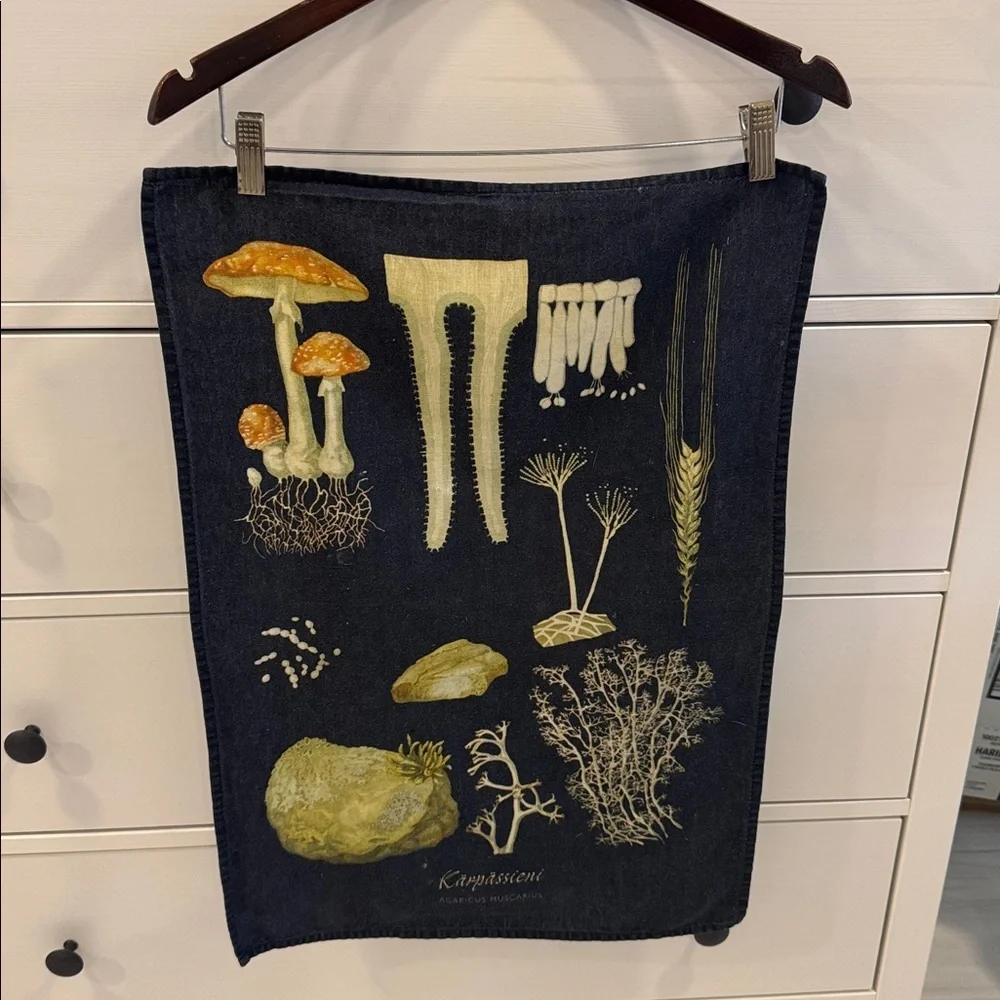 Vintage Mushroom Patterned Linen Cotton Blend Tea Towel